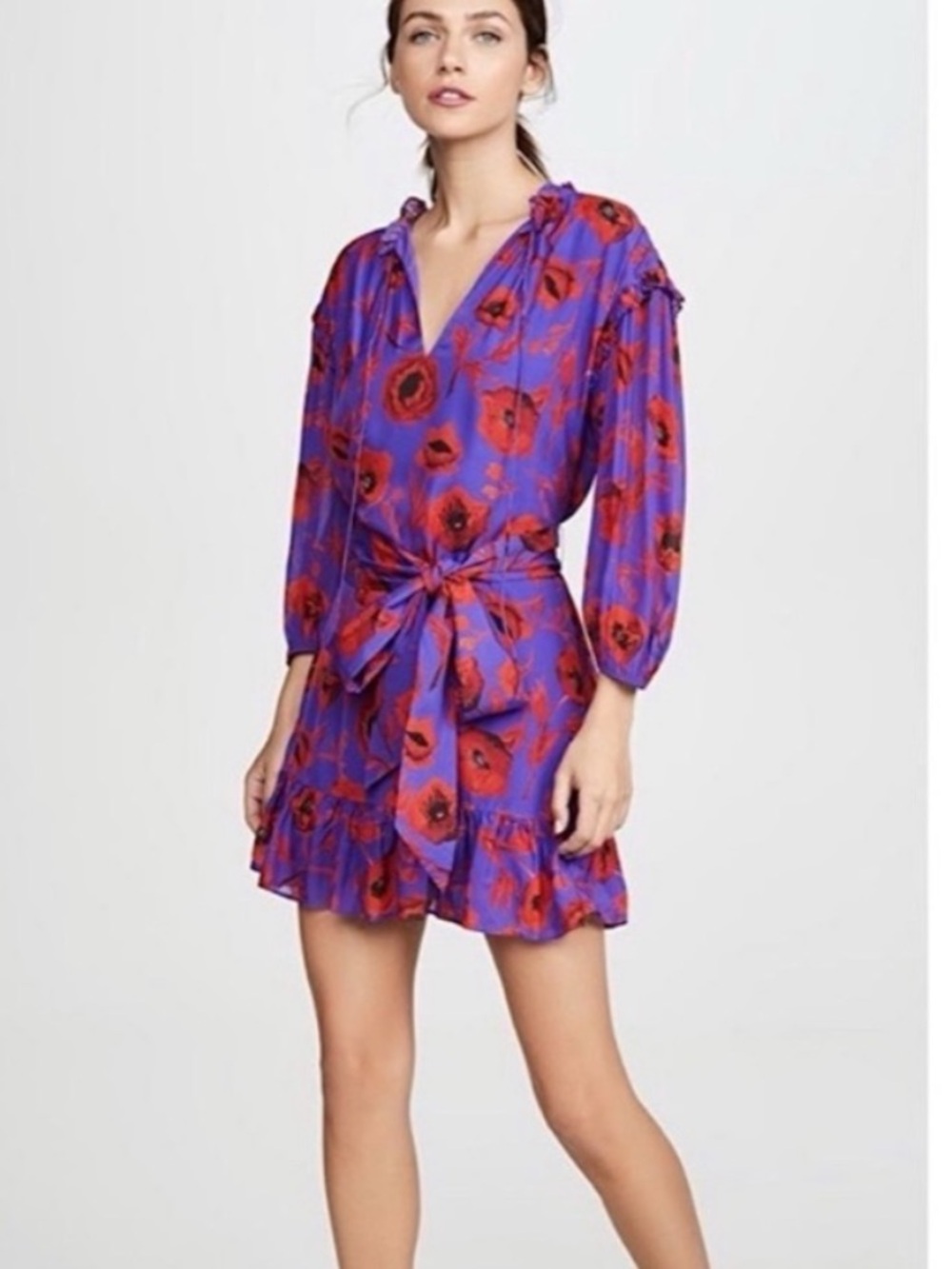 Alice + Olivia Ellamae Floral Mini Dress Eggplant Waist Tie Size Small